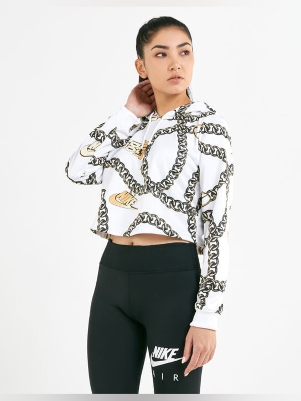 Nike Sportswear Icon Clash Glam Dunk Crop Hoodie White Gold Chain Print Size M